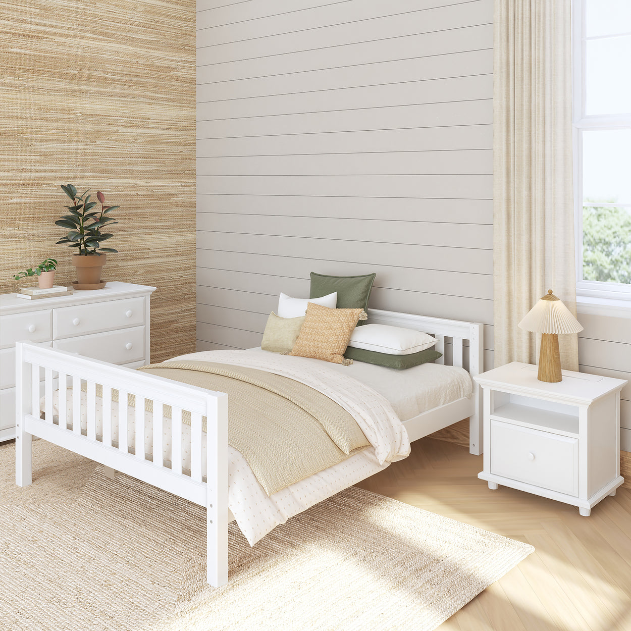 Cozy modern bedroom with white furniture, textured walls, and green accents.