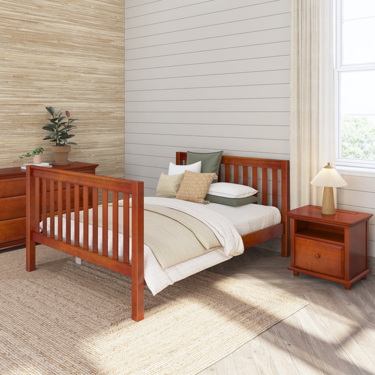 Cozy bedroom with wooden bed, matching nightstand, and neutral decor.