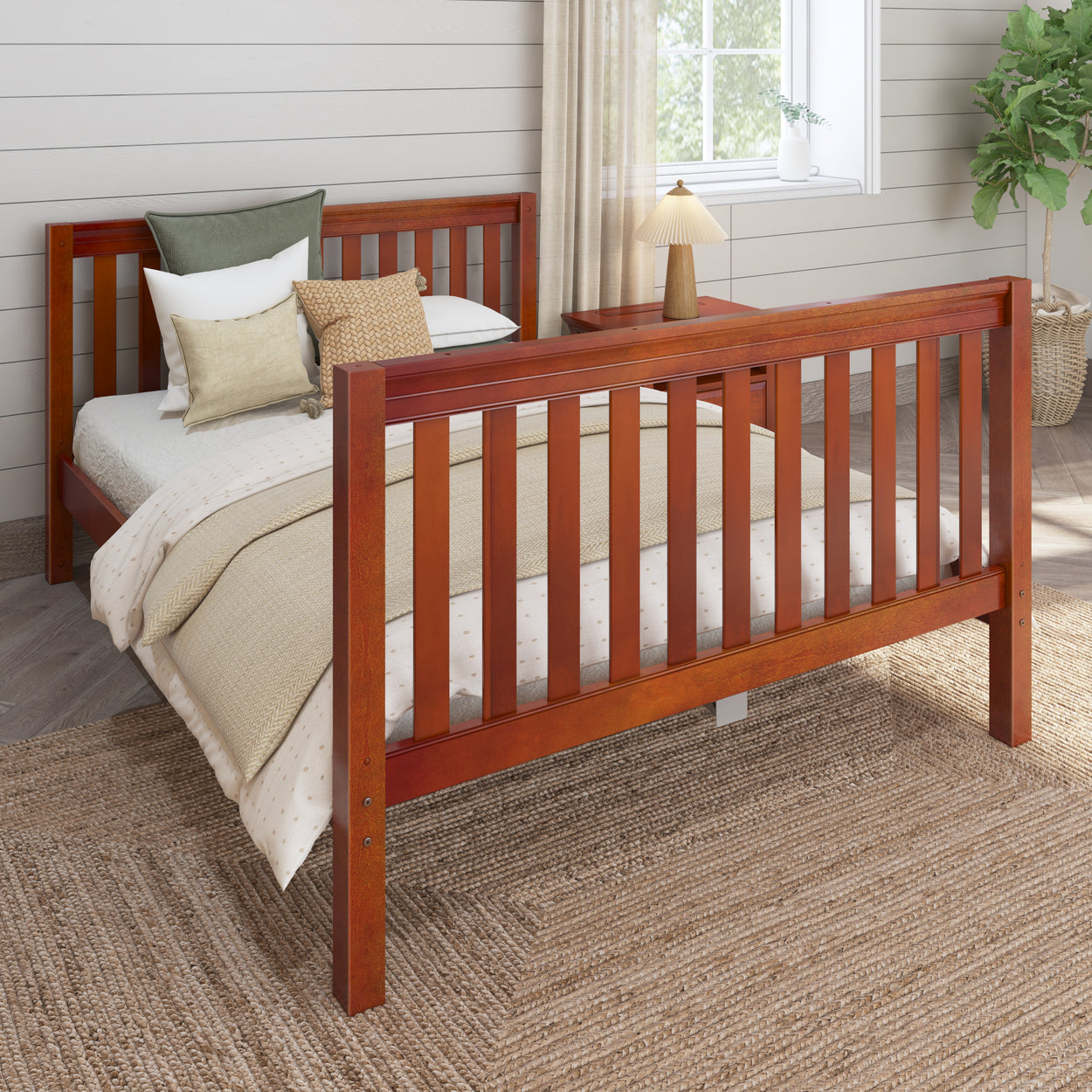 Wooden twin bed with cozy bedding and pillows in a modern bedroom setting, featuring a bedside table and decorative plant.