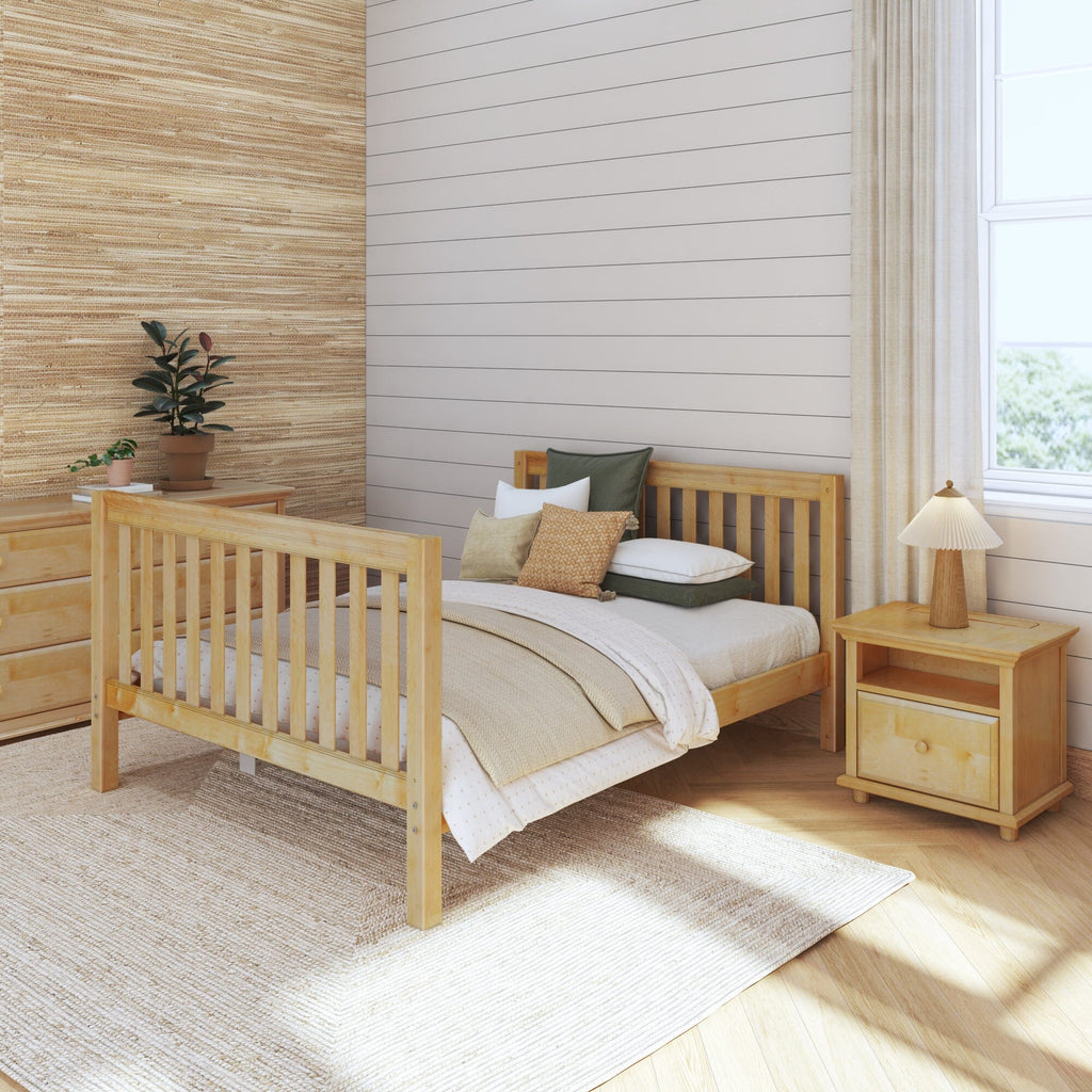 Modern farmhouse bedroom with natural wood bed, shiplap accent wall, textured woven wallpaper, neutral bedding, potted plants and sunlit window