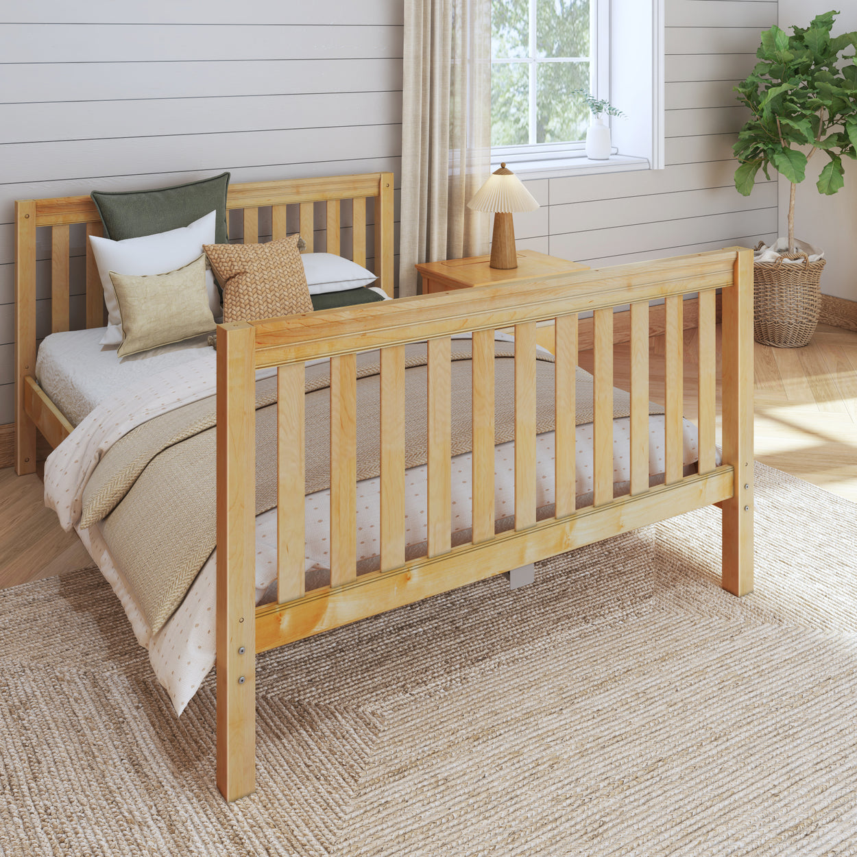 Wooden bed frame with cozy bedding in a modern, minimalist bedroom with natural light and a potted plant.