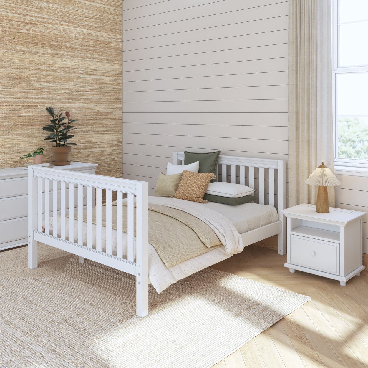 Modern bedroom with white wooden bed, neutral decor, and natural light through window.