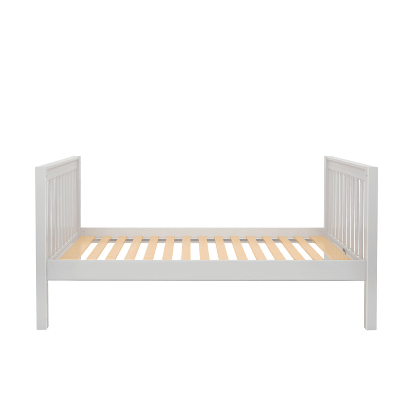 White wooden slatted platform bed frame with wooden mattress slats and paneled headboard and footboard, modern farmhouse bedroom furniture
