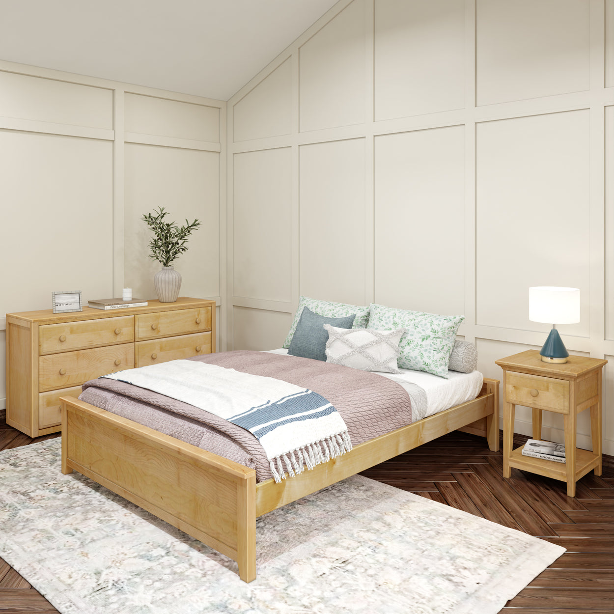 Cozy bedroom with wooden furniture, comfortable bed, decorative pillows, and ambient lighting.
