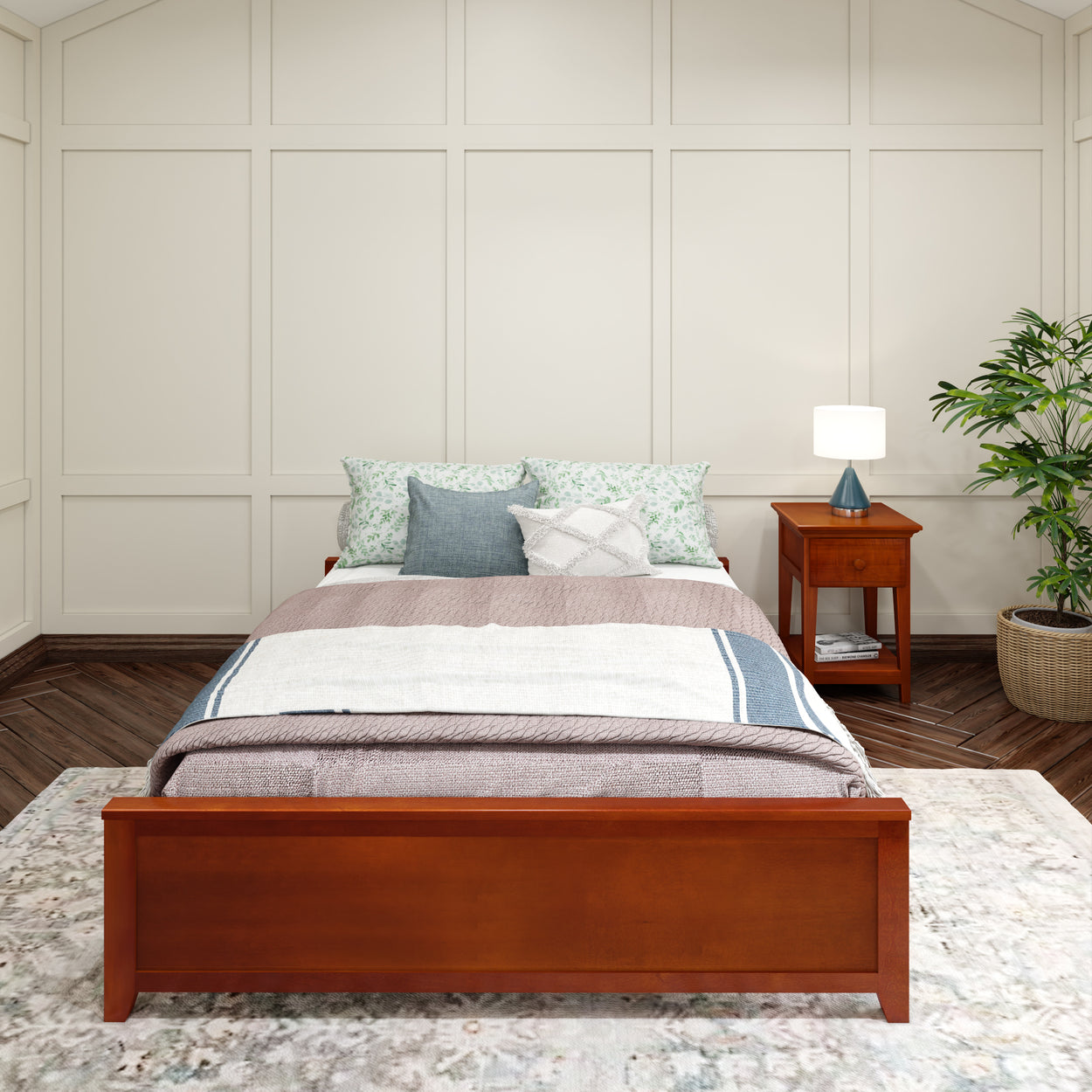 Cozy bedroom with a wooden frame bed, decorative pillows, nightstand, and potted plant for a stylish interior design.