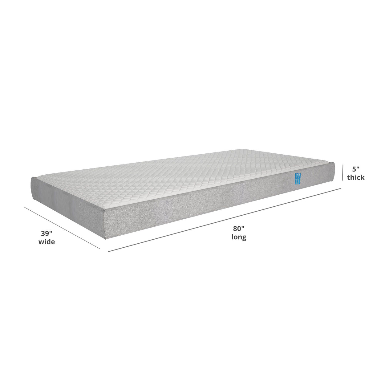 Twin size mattress with dimensions 39 inches wide, 80 inches long, and 5 inches thick, perfect for comfortable sleeping.