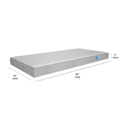 Twin size mattress with dimensions 39 inches wide, 80 inches long, and 5 inches thick, perfect for comfortable sleeping.