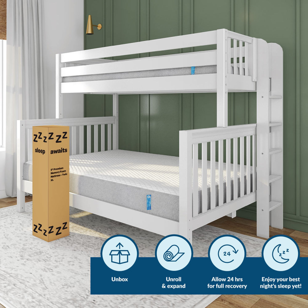 White bunk bed with twin XL memory foam mattress, boxed for easy unboxing and setup in a modern bedroom.