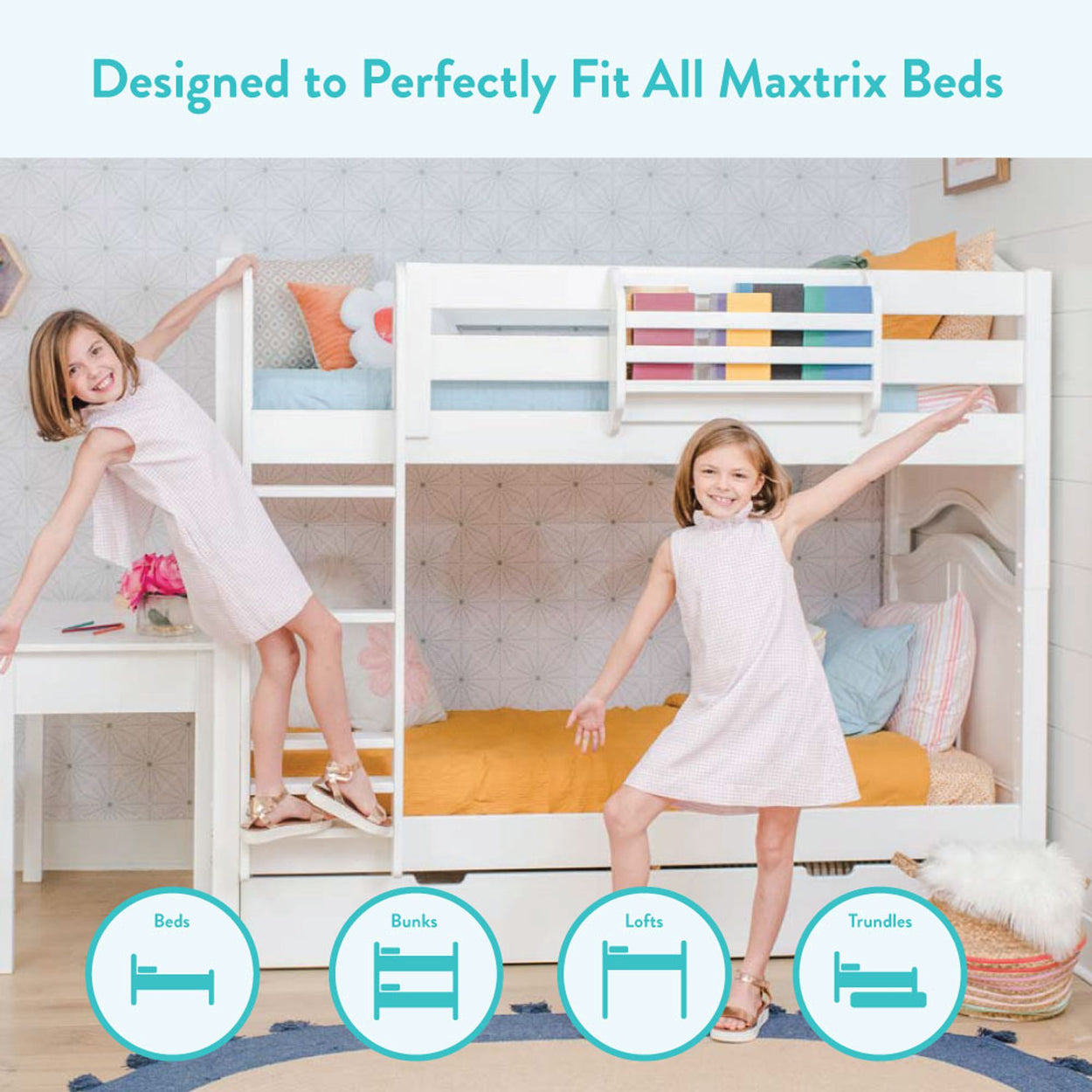 Two children enjoying a white bunk bed with colorful bedding, showcasing compatibility with Maxtrix beds.