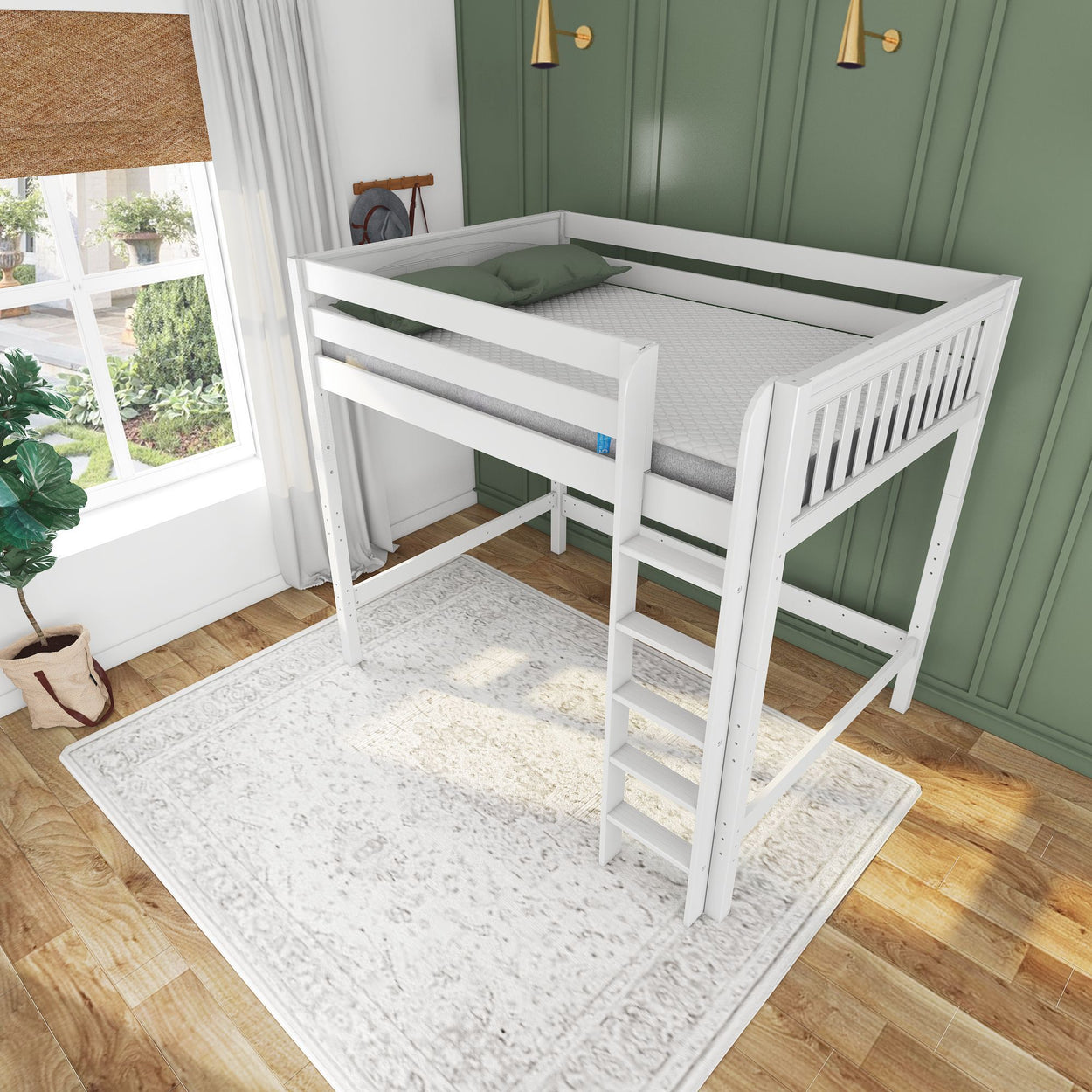 Kids' white loft bed with ladder in modern bedroom, featuring green accent wall and natural lighting. Ideal for maximizing space.