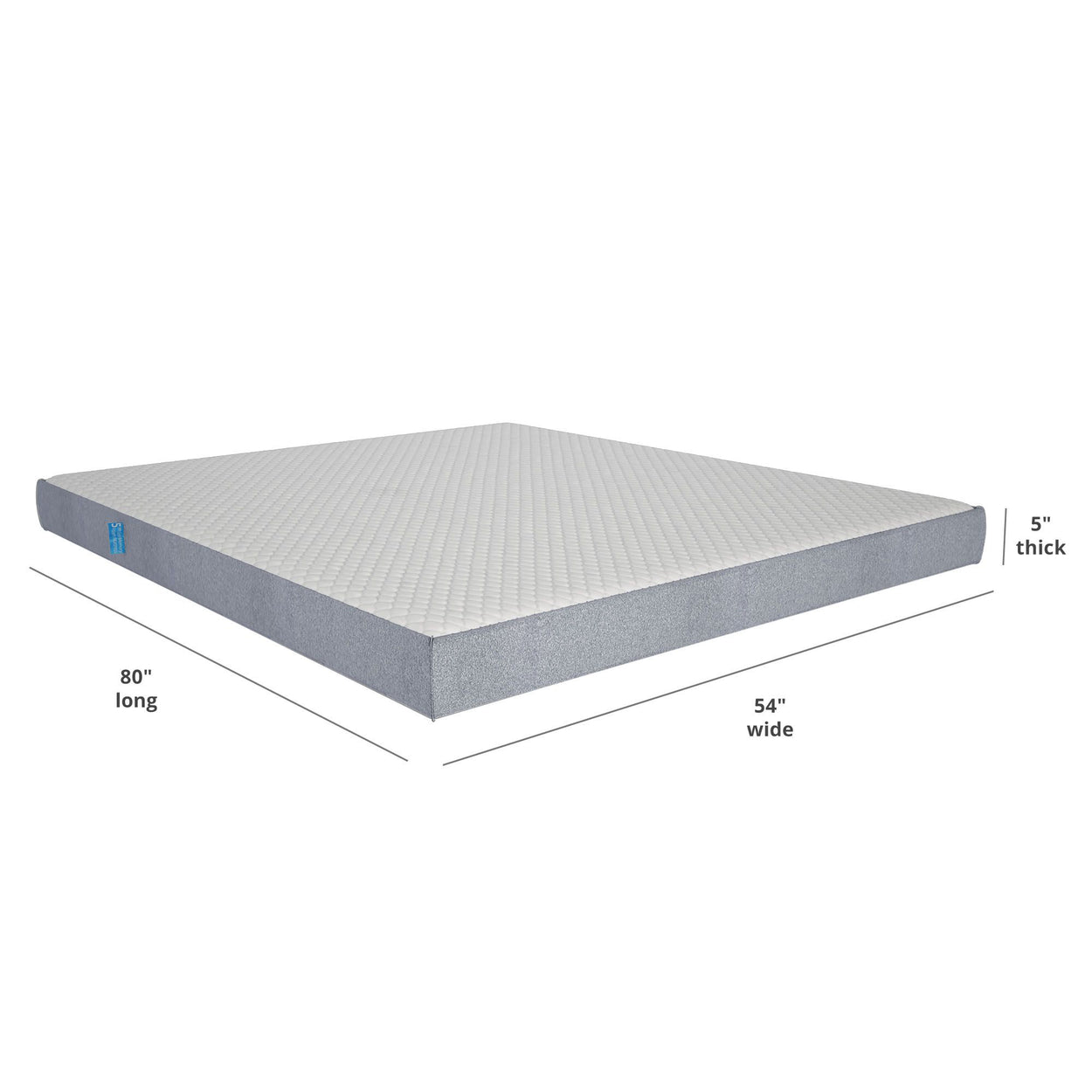 Full-size memory foam mattress dimensions: 80 inches long, 54 inches wide, 5 inches thick, ideal for comfortable sleep.