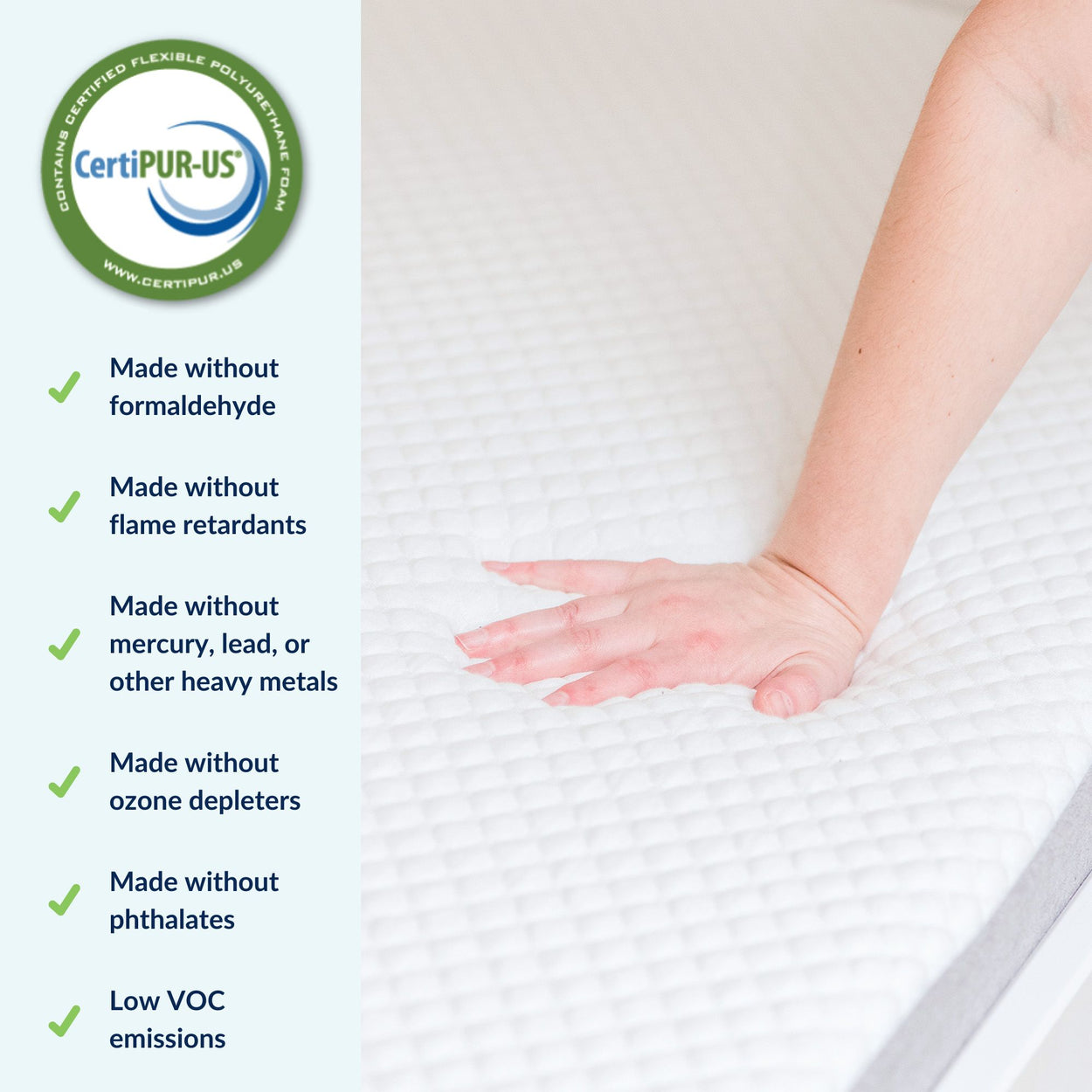CertiPUR-US certified mattress with benefits including no formaldehyde, flame retardants, mercury, lead, or phthalates, featuring low VOC emissions and a soft, supportive surface.