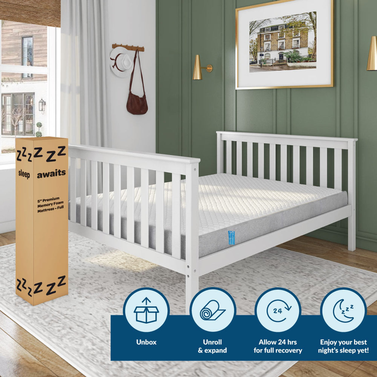 White bed frame with a premium 5-inch memory foam mattress, boxed for shipping, in a stylish bedroom setting with green panel walls.