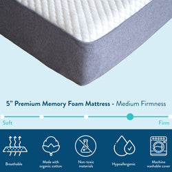 5-inch premium memory foam mattress with medium firmness, featuring breathable organic cotton cover, hypoallergenic and non-toxic materials, and machine washable for easy maintenance.