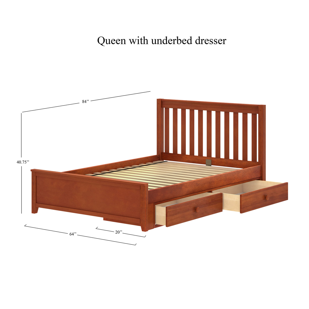 Queen size bed with underbed dresser and dimensions, wooden frame, storage drawers.