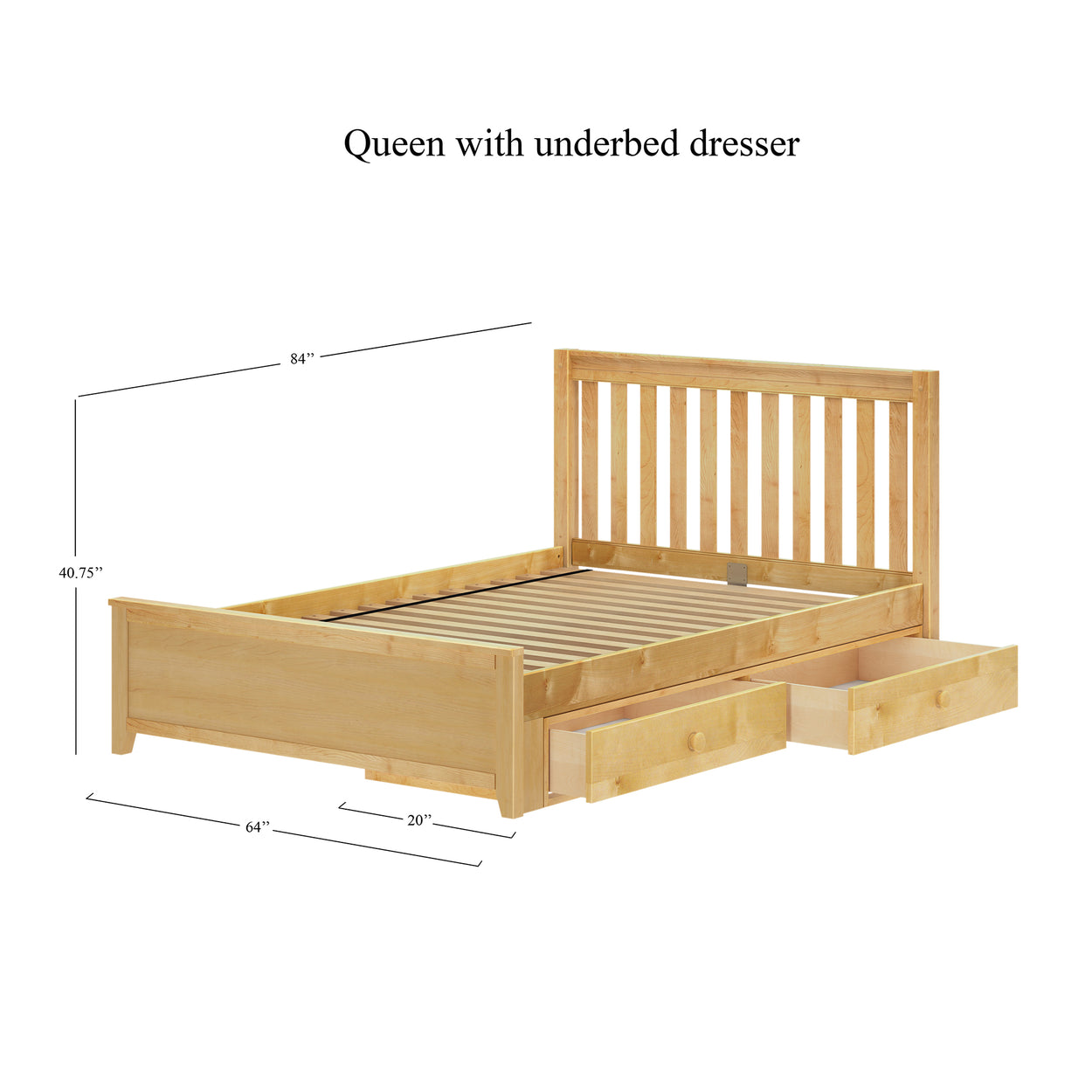 Queen size bed with underbed dresser and storage drawers, natural wood finish, dimensions 84x64x40.75 inches.