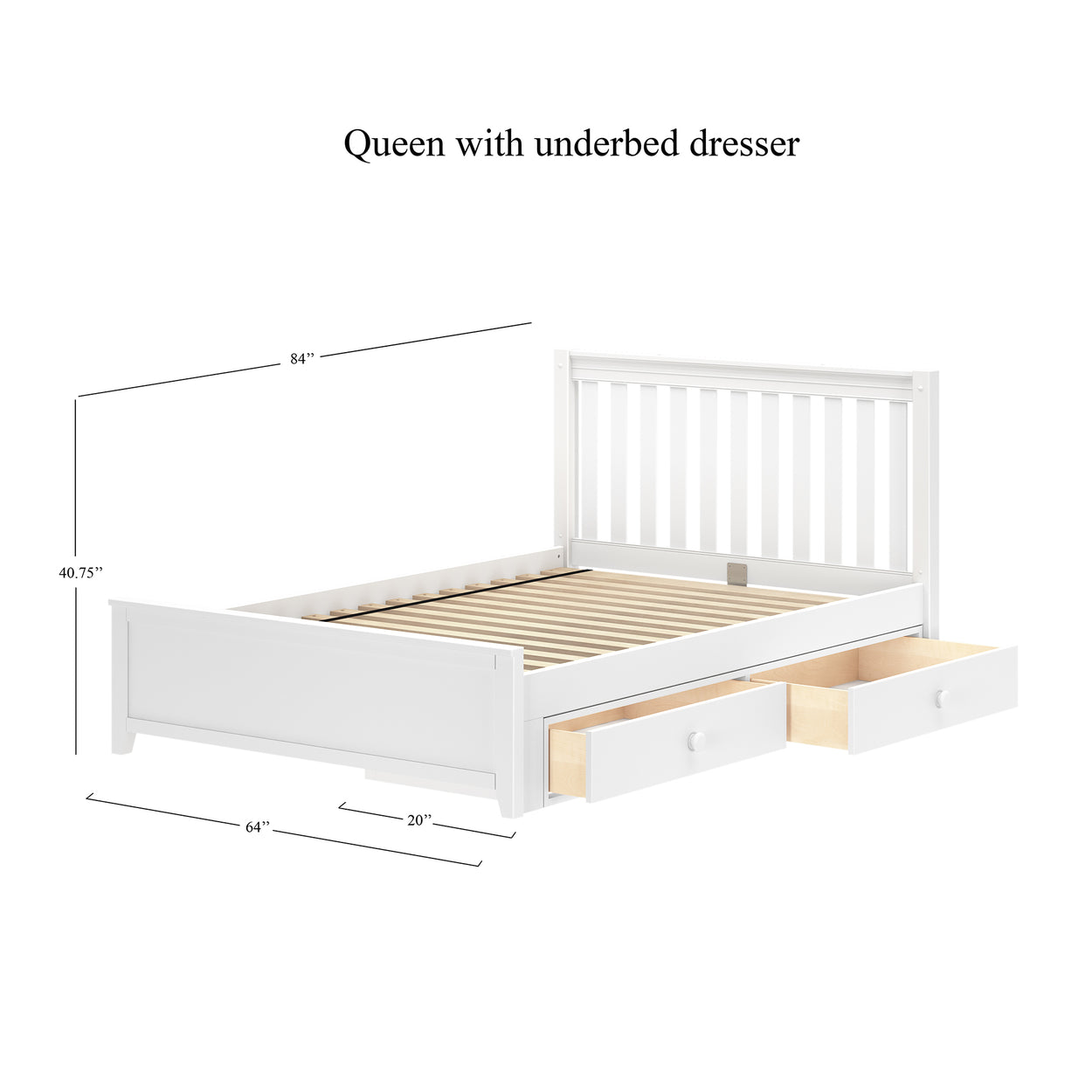 Queen size platform bed with underbed storage drawers, white finish, dimensions 84x64x40.75 inches.
