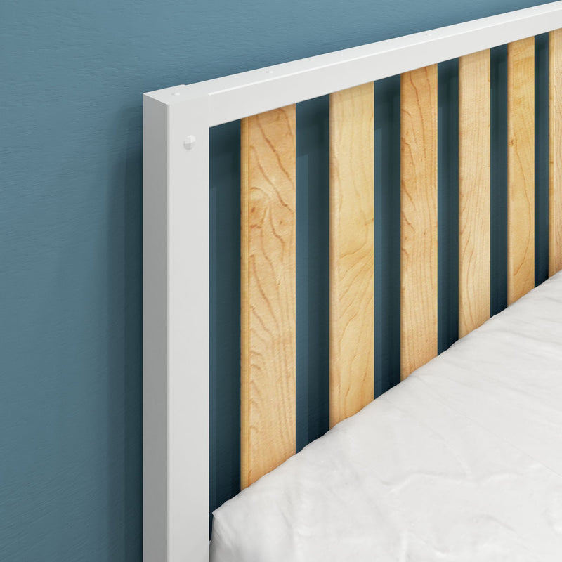 Close-up of modern wooden slat headboard with white frame against teal textured wall and white bedding, minimalist bedroom décor