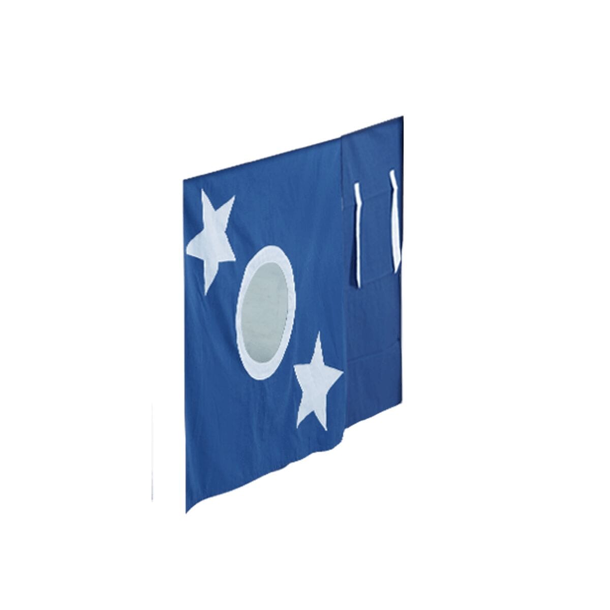 Blue fabric with white stars and oval design, suitable for room decoration or children's play area.