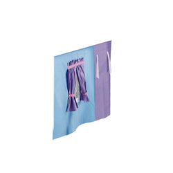 Colorful children's tent with blue and purple fabric, featuring a window design with pink curtain accents.