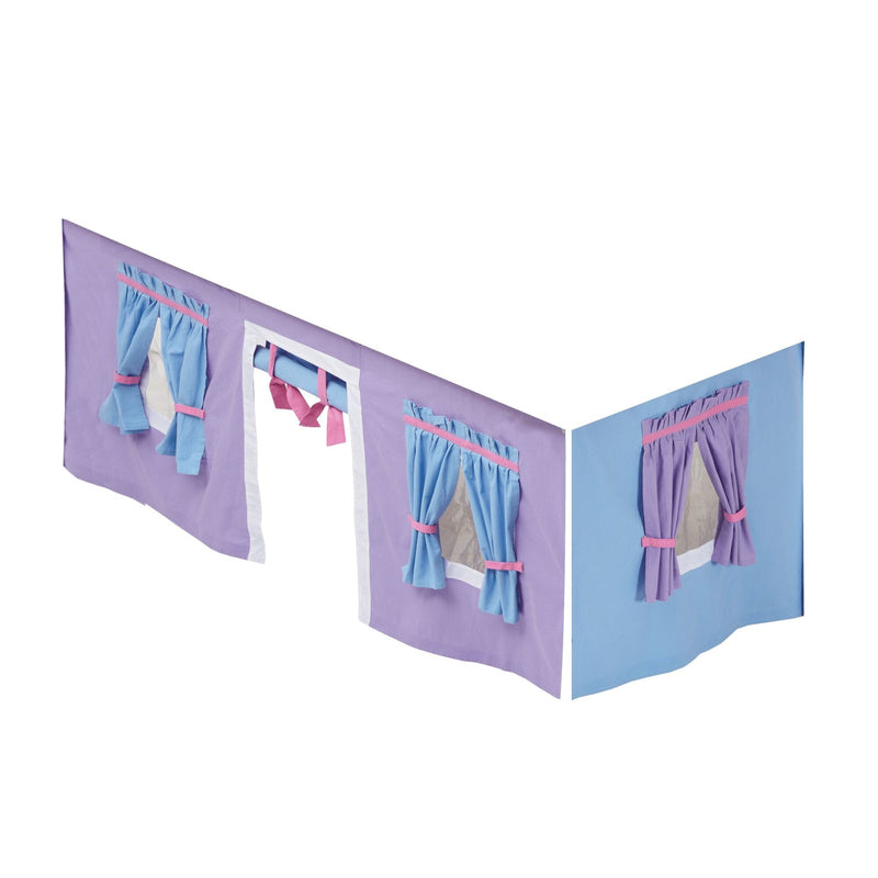 Purple and blue kids playhouse bed tent panels with tie-back curtains and fabric windows, twin bed skirt play tent for children