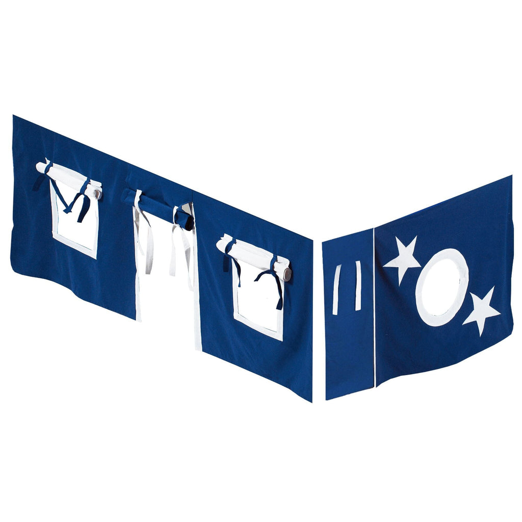Blue and white children's play tent fabric with star and circle designs, featuring adjustable windows for imaginative indoor play.