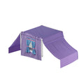 Purple kids bed tent playhouse canopy for loft or twin beds with blue tie-back curtains and window