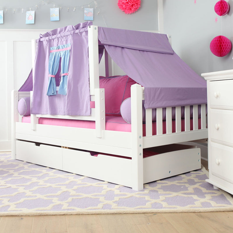 White wooden toddler loft bed with purple playhouse canopy, pink bedding and under-bed storage drawers in kids bedroom