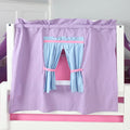 Purple playhouse canopy curtain with blue tie-back window and pink trim on white loft bunk bed