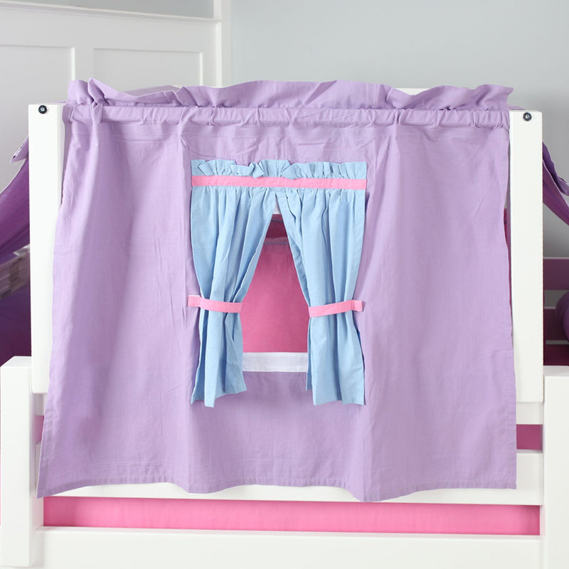 Purple playhouse canopy curtain with blue tie-back window and pink trim on white loft bunk bed