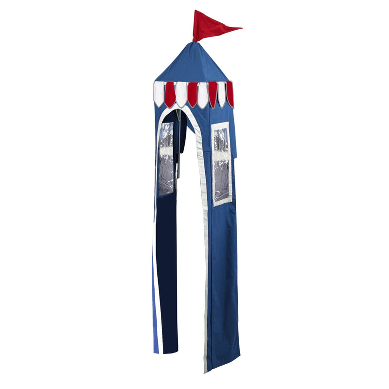 Blue and white castle play tent canopy with red pennant flag and long fabric streamers for kids indoor/outdoor playhouse