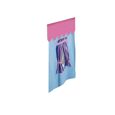 Colorful play tent with purple curtains and pink roof, perfect for kids' imaginative play.