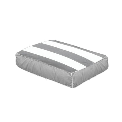 Gray and white striped rectangular cushion for outdoor seating.