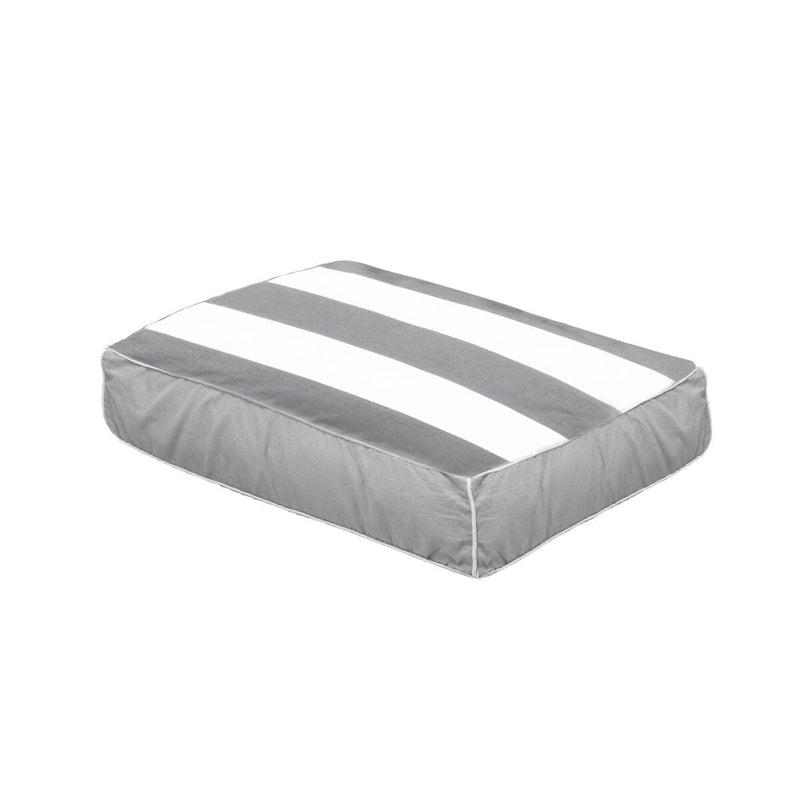 Gray and white striped rectangular patio cushion with piped edges — versatile outdoor seat cushion or pet bed pillow
