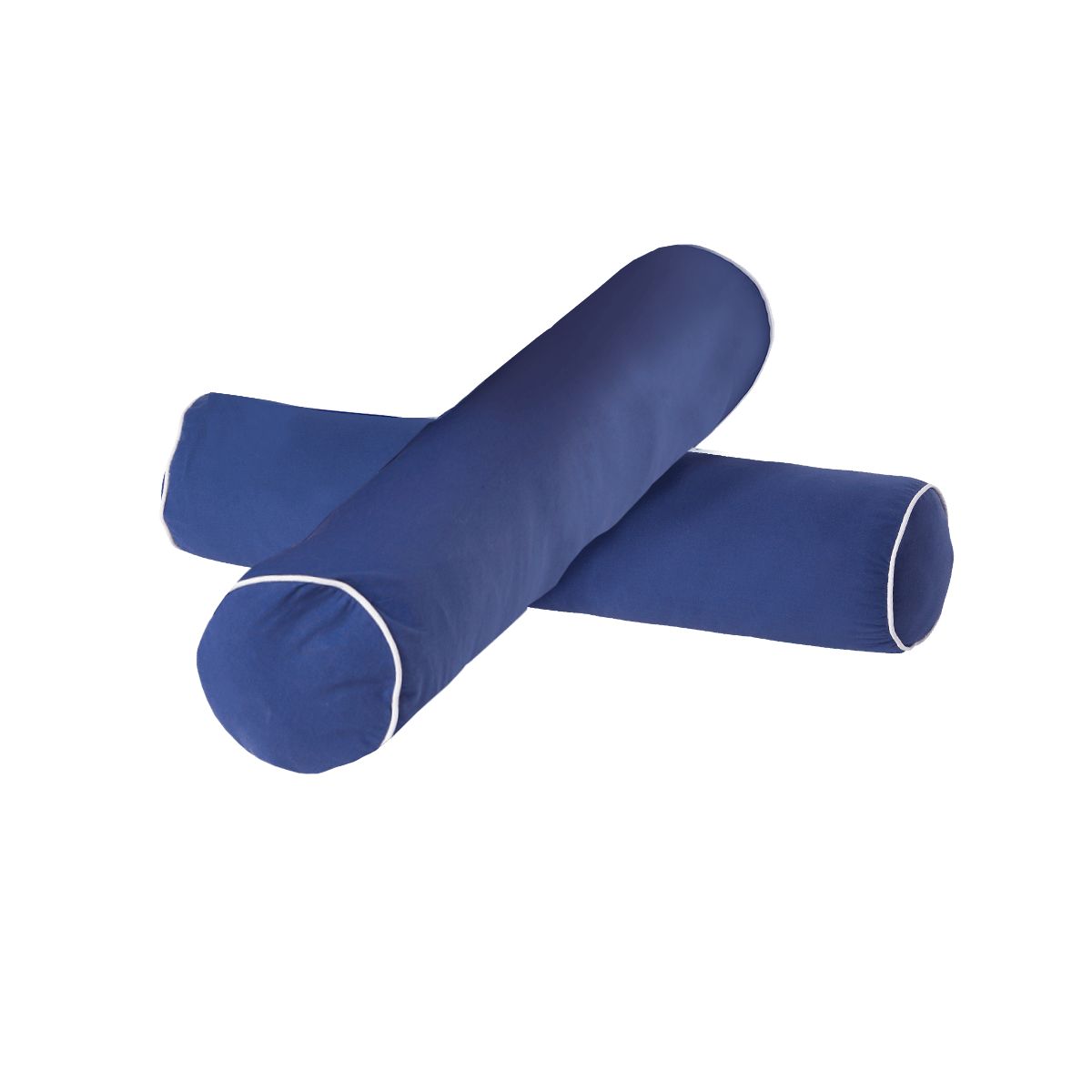 Blue bolster pillows with white piping for home decor and comfort.