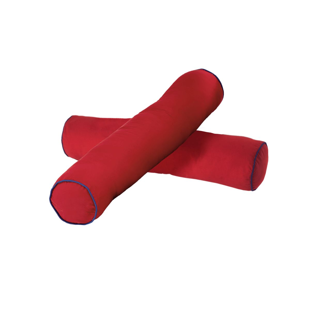 Red bolster pillows with blue edging on a white background.