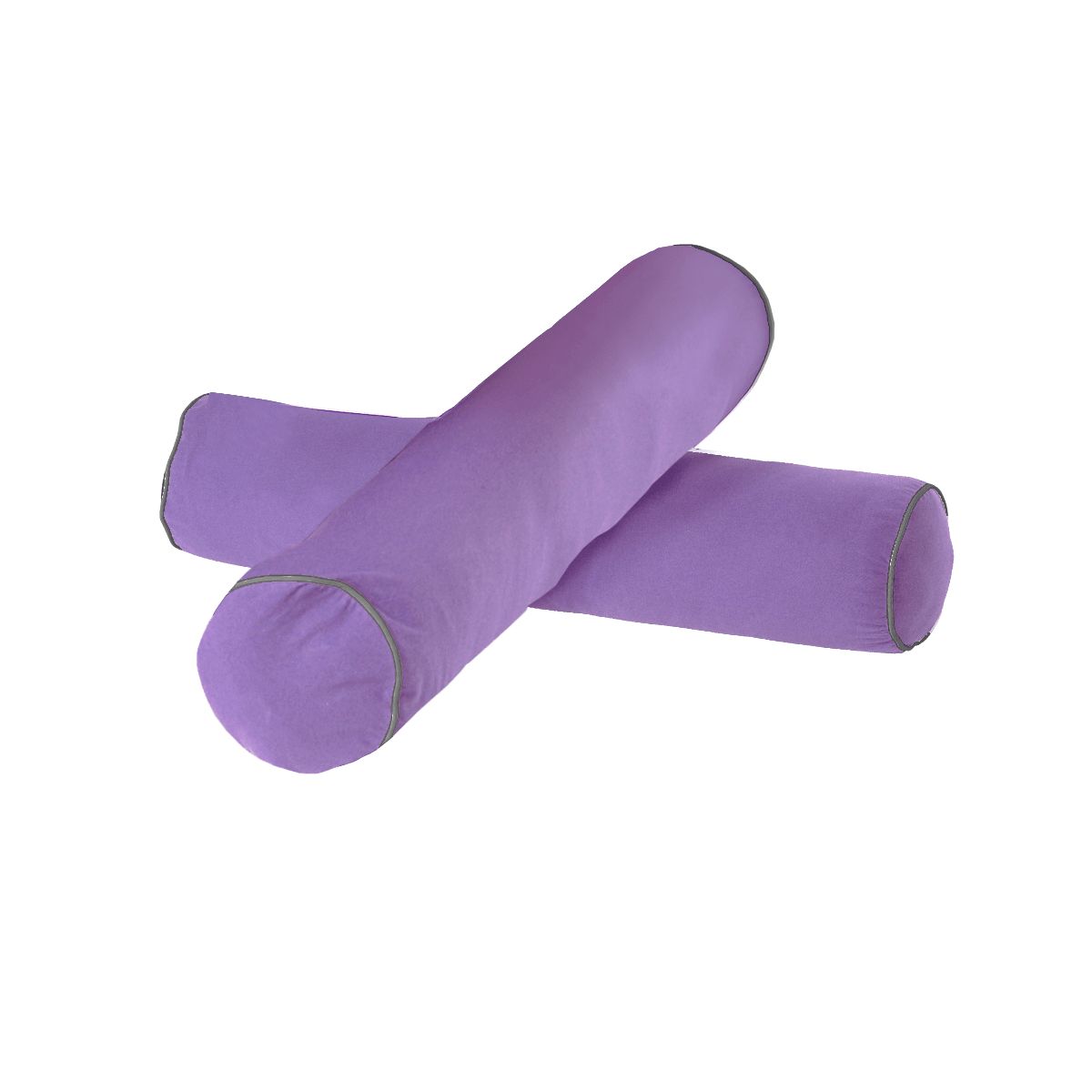 Purple bolster pillows with gray piping, perfect for yoga and home decor.