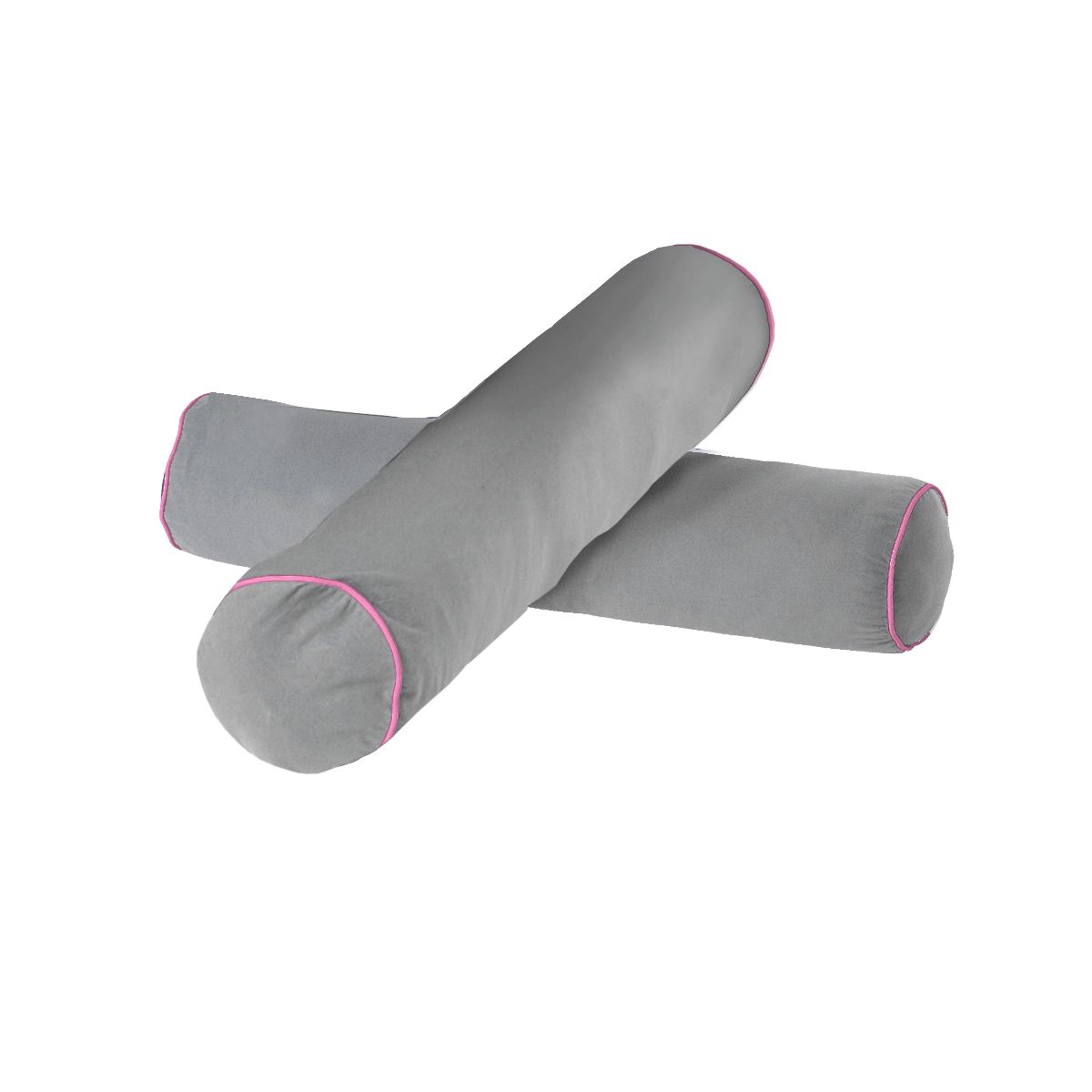 Gray bolster pillows with pink piping detail on a white background.