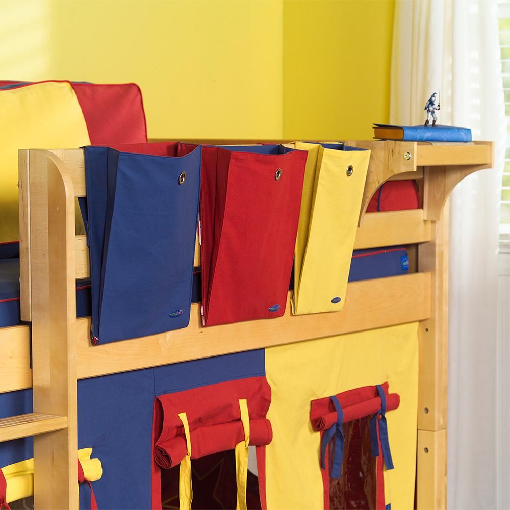 Children's loft bed with colorful storage and play tent attachments.