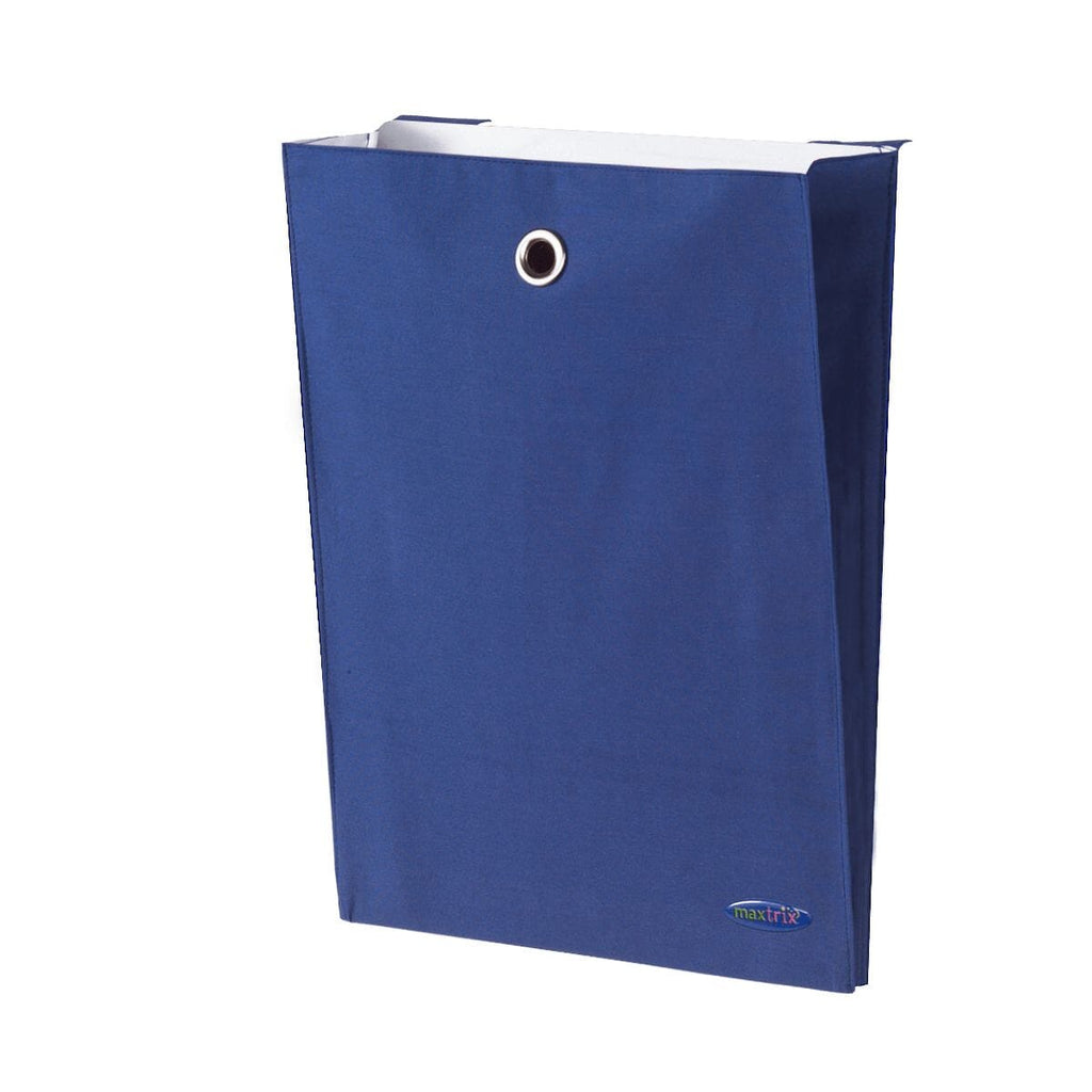 Blue fabric hanging laundry bag and closet organizer with metal grommet, tall slim wall-mounted storage pouch with Maxtrix logo