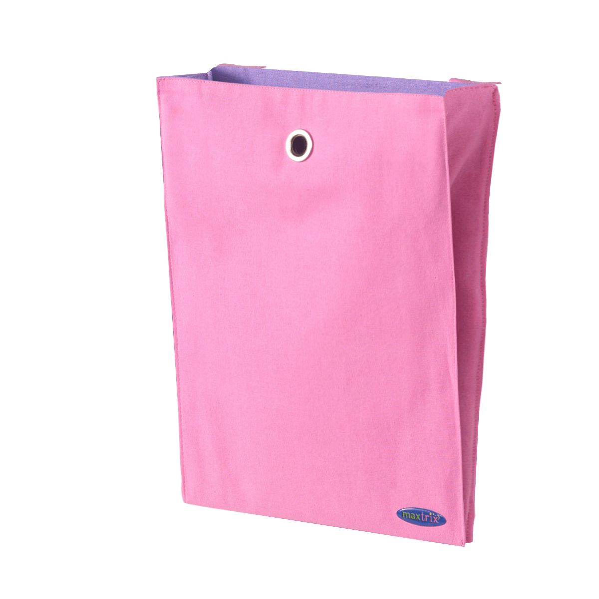 Pink fabric storage bin with grommet for home organization.