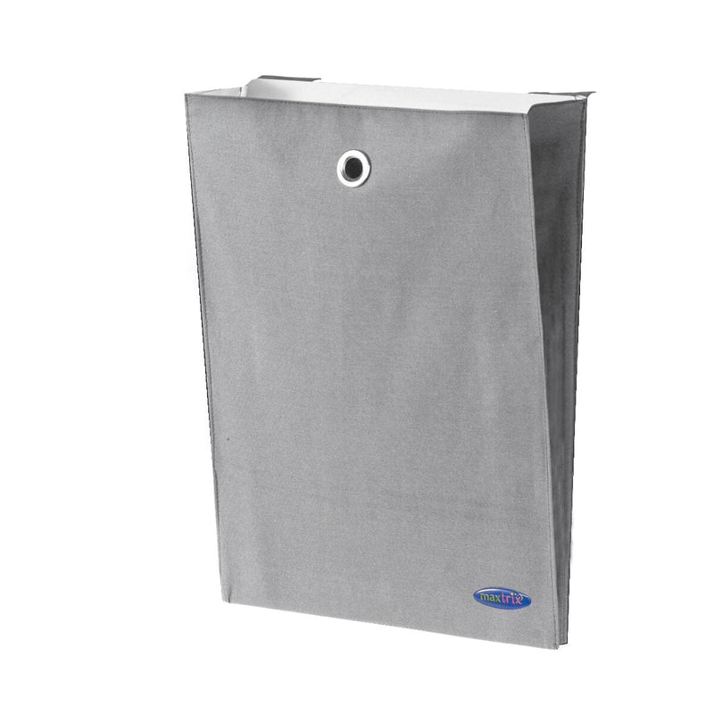 Gray fabric hanging laundry hamper with metal grommet and Maxtrix logo, wall-mounted closet storage organizer