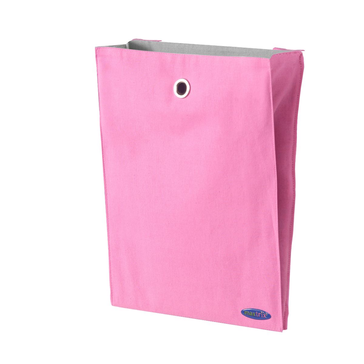 Pink foldable fabric storage bin with grommet hole for organizing.