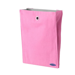 Pink foldable fabric storage bin with grommet hole for organizing.