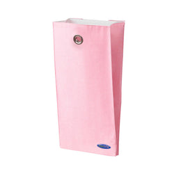 Pink fabric hanging storage organizer with metal grommet for home organization.