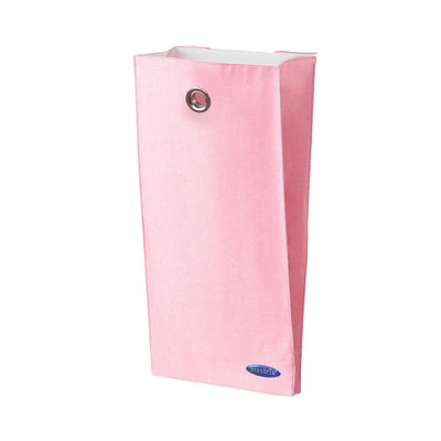 Pink fabric hanging storage organizer with metal grommet for home organization.