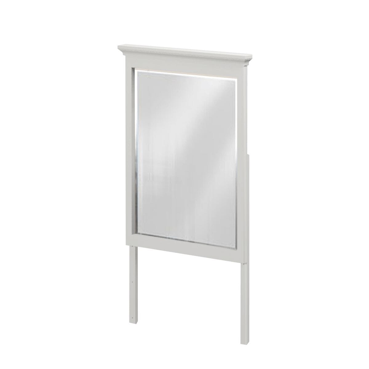 White framed wall mirror with sleek modern design and reflective glass surface.