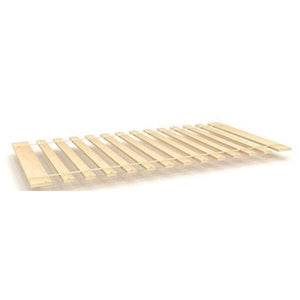 Unfinished pine slatted bed base with evenly spaced wooden mattress support slats for platform bed frame