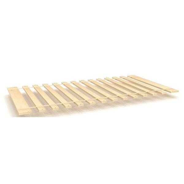 Wooden bed slats foundation for mattress support in neutral color.