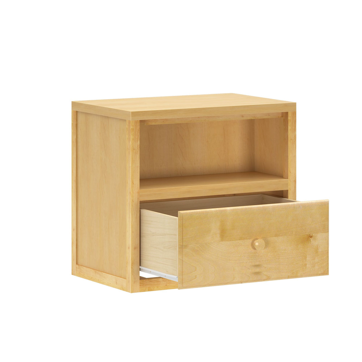 Natural wood nightstand with open shelf and one drawer, perfect for bedroom storage solutions.